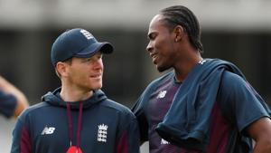 England's Jofra Archer talks with Eoin Morgan during a nets session.(Action Images via Reuters) England's Jofra Archer talks with Eoin Morgan during a nets session.(Action Images via Reuters)