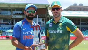 Virat Kohli (captain) of India and Faf du Plessis(c) of South Africa with the series trophy during the 1st One Day International match between South Africa and India held at Kingsmead Cricket Ground in Durban on the 1st feb 2018 Photo by Ron Gaunt / BCCI / SPORTZPICS