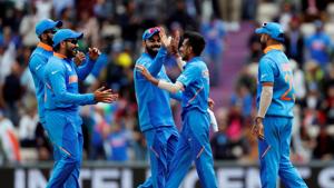 Cricket - ICC Cricket World Cup - South Africa v India - The Ageas Bowl, Southampton, Britain - June 5, 2019 India's Yuzvendra Chahal celebrates with Virat Kohli and team mates after taking the wicket of South Africa's Rassie van der Dussen Action Images via Reuters/Paul Childs(Action Images via Reuters) Cricket - ICC Cricket World Cup - South Africa v India - The Ageas Bowl, Southampton, Britain - June 5, 2019 India's Yuzvendra Chahal celebrates with Virat Kohli and team mates after taking the wicket of South Africa's Rassie van der Dussen Action Images via Reuters/Paul Childs(Action Images via Reuters)