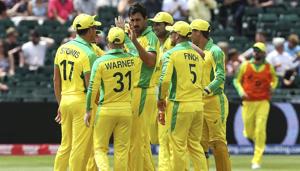 Australia's Mitchell Starc, centre, celebrates taking the wicket of Afghanistan's Mohammad Shahzad with team mates during the Cricket World Cup match between Afghanistan and Australia at Bristol County Ground in Bristol, England, Saturday, June 1, 2019. (AP Photo/Mark Kerton)(AP) Australia's Mitchell Starc, centre, celebrates taking the wicket of Afghanistan's Mohammad Shahzad with team mates during the Cricket World Cup match between Afghanistan and Australia at Bristol County Ground in Bristol, England, Saturday, June 1, 2019. (AP Photo/Mark Kerton)(AP)