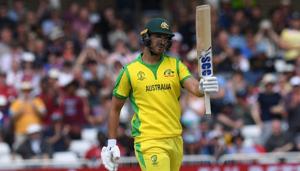 Australia's Nathan Coulter-Nile celebrates his half century during the 2019 Cricket World Cup.(AFP) Australia's Nathan Coulter-Nile celebrates his half century during the 2019 Cricket World Cup.(AFP)