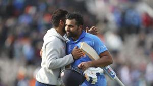 India's captain Virat Kohli, left, hugs to congratulate teammate Rohit Sharma after their win over South Africa in the Cricket World Cup match at the Hampshire Bowl in Southampton, England, Wednesday, June 5, 2019. AP/PTI(AP6_5_2019_000259B)(AP) India's captain Virat Kohli, left, hugs to congratulate teammate Rohit Sharma after their win over South Africa in the Cricket World Cup match at the Hampshire Bowl in Southampton, England, Wednesday, June 5, 2019. AP/PTI(AP6_5_2019_000259B)(AP)