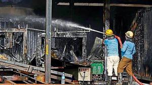 Firefighters try to douse a fire that broke out in a company at Badshahpur village, Darbaripur Road, in Gurugram(Yogendra Kumar / Hindustan Times) Firefighters try to douse a fire that broke out in a company at Badshahpur village, Darbaripur Road, in Gurugram(Yogendra Kumar / Hindustan Times)