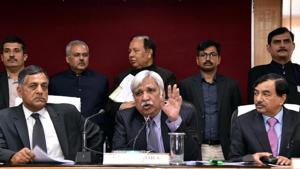 Chief Election Commissioner (C) Sunil Arora with Election Commissioner Ashok Lavasa (L) and CBDT Chairman Sushil Chandra (R) addressing a press conference in Lucknow.(ANI/ File photo) Chief Election Commissioner (C) Sunil Arora with Election Commissioner Ashok Lavasa (L) and CBDT Chairman Sushil Chandra (R) addressing a press conference in Lucknow.(ANI/ File photo)