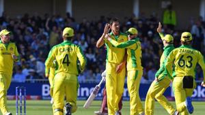 Australian fielders run to celebrate with Australia's Mitchell Starc (C) after he takes the wicket of West Indies' captain Jason Holder during the 2019 Cricket World Cup group stage match between Australia and West Indies at Trent Bridge in Nottingham, central England, on June 6, 2019.(AFP) Australian fielders run to celebrate with Australia's Mitchell Starc (C) after he takes the wicket of West Indies' captain Jason Holder during the 2019 Cricket World Cup group stage match between Australia and West Indies at Trent Bridge in Nottingham, central England, on June 6, 2019.(AFP)