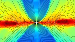This handout photograph released by Northwestern University on June 5, 2019, shows a vertical slice of a black hole alignment as scientists on unveiled the most detailed simulation of a black hole yet seen, solving a mystery dating back more than four decades over how the star-devouring monsters consume matter.(AFP) This handout photograph released by Northwestern University on June 5, 2019, shows a vertical slice of a black hole alignment as scientists on unveiled the most detailed simulation of a black hole yet seen, solving a mystery dating back more than four decades over how the star-devouring monsters consume matter.(AFP)