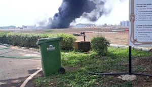 Goa’s Dabolim International Airport was closed temporarily for a few hours on Saturday after a fire caused by a drop tank of MiG 29K which got detached during take off.(ANI) Goa’s Dabolim International Airport was closed temporarily for a few hours on Saturday after a fire caused by a drop tank of MiG 29K which got detached during take off.(ANI)