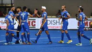 Bhubaneshwar, India - June 06, 2019: Indians celebrate their fifth goal against Russia during an International Hockey Federation (FIH) Men's Series Final match, at Kalinga stadium, in Bhubaneshwar, Odisha, India, on Thursday, June 06, 2019. (Photo by Arijit Sen / Hindustan Times)(Arijit Sen/HT Photo) Bhubaneshwar, India - June 06, 2019: Indians celebrate their fifth goal against Russia during an International Hockey Federation (FIH) Men's Series Final match, at Kalinga stadium, in Bhubaneshwar, Odisha, India, on Thursday, June 06, 2019. (Photo by Arijit Sen / Hindustan Times)(Arijit Sen/HT Photo)