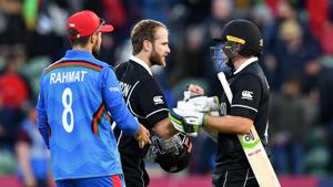 New Zealand's captain Kane Williamson (C) and New Zealand's Tom Latham (R) gesture at the end of the match during the 2019 Cricket World Cup group stage match between Afghanistan and New Zealand(AFP) New Zealand's captain Kane Williamson (C) and New Zealand's Tom Latham (R) gesture at the end of the match during the 2019 Cricket World Cup group stage match between Afghanistan and New Zealand(AFP)