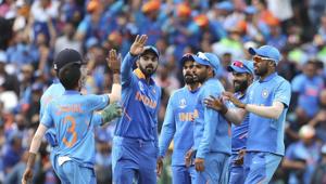 Indian players celebrate the dismissal of Australia's Glenn Maxwell during the Cricket World Cup match between Australia and India at The Oval in London, Sunday, June 9, 2019(AP) Indian players celebrate the dismissal of Australia's Glenn Maxwell during the Cricket World Cup match between Australia and India at The Oval in London, Sunday, June 9, 2019(AP)