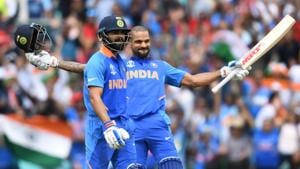 India's Shikhar Dhawan (R) celebrates after scoring a century (100 runs) alongside India's captain Virat Kohliduring the 2019 Cricket World Cup group stage match between India and Australia at The Oval in London on June 9, 2019(AFP) India's Shikhar Dhawan (R) celebrates after scoring a century (100 runs) alongside India's captain Virat Kohliduring the 2019 Cricket World Cup group stage match between India and Australia at The Oval in London on June 9, 2019(AFP)
