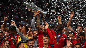 Portugal's forward Cristiano Ronaldo (front C) celebrates with teammates after the UEFA Nations League final football match between Portugal and The Netherlands at the Dragao Stadium in Porto on June 9, 2019(AFP) Portugal's forward Cristiano Ronaldo (front C) celebrates with teammates after the UEFA Nations League final football match between Portugal and The Netherlands at the Dragao Stadium in Porto on June 9, 2019(AFP)