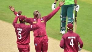 West Indies' Sheldon Cottrell (C) celebrates taking the wicket of South Africa's Aiden Markram during the 2019 Cricket World Cup group stage match between South Africa and West Indies at the Rose Bowl in Southampton(AFP) West Indies' Sheldon Cottrell (C) celebrates taking the wicket of South Africa's Aiden Markram during the 2019 Cricket World Cup group stage match between South Africa and West Indies at the Rose Bowl in Southampton(AFP)