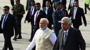 Sri Lankan Prime Minister Ranil Wickremesinghe (R) walks with Indian Prime Minister Narendra Modi (L) at Bandaranaike International Airport in Katunayake, near Colombo, on June 9, 2019.(AFP) Sri Lankan Prime Minister Ranil Wickremesinghe (R) walks with Indian Prime Minister Narendra Modi (L) at Bandaranaike International Airport in Katunayake, near Colombo, on June 9, 2019.(AFP)