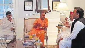 This photo of Mulayam Singh Yadav, Akhilesh Yadav and Shivpal Yadav with CM Yogi Adityanath on Monday became the latest trigger for the patch-up murmurs.(HT Photo) This photo of Mulayam Singh Yadav, Akhilesh Yadav and Shivpal Yadav with CM Yogi Adityanath on Monday became the latest trigger for the patch-up murmurs.(HT Photo)