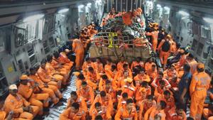 NDRF members seen inside the IAF C-17 aircraft as it lands at Jamnagar, in Gujarat, Wednesday, June 12, 2019.(PTI Photo) NDRF members seen inside the IAF C-17 aircraft as it lands at Jamnagar, in Gujarat, Wednesday, June 12, 2019.(PTI Photo)