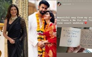 Sushmita Sen sent a handwritten note to brother Rajeev Sen and sister-in-law Charu Asopa on his wedding. Sushmita Sen sent a handwritten note to brother Rajeev Sen and sister-in-law Charu Asopa on his wedding.