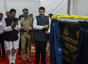 CM Devendra Fadnavis (right) with police chief Sanjay Barve (centre) and MoS for home Deepak Kesarkar at the foundation stone laying event of the cybercrime police station in Bandra.(Kunal Patil/HT Photo) CM Devendra Fadnavis (right) with police chief Sanjay Barve (centre) and MoS for home Deepak Kesarkar at the foundation stone laying event of the cybercrime police station in Bandra.(Kunal Patil/HT Photo)