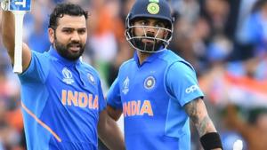 Rohit Sharma (L) celebrates with captain Virat Kohli after scoring a century (100 runs) during the 2019 Cricket World Cup group stage match between India and Pakistan at Old Trafford in Manchester, northwest England.(AFP) Rohit Sharma (L) celebrates with captain Virat Kohli after scoring a century (100 runs) during the 2019 Cricket World Cup group stage match between India and Pakistan at Old Trafford in Manchester, northwest England.(AFP)