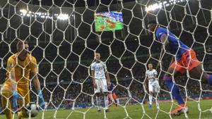 Colombia's Duvan Zapata (R) celebrates after scoring past Argentina's goalkeeper Franco Armani.(AFP) Colombia's Duvan Zapata (R) celebrates after scoring past Argentina's goalkeeper Franco Armani.(AFP)