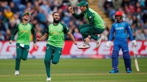 South Africa's Imran Tahir celebrates with team mates after taking the wicket of Afghanistan's Asghar Afghan.(Action Images via Reuters) South Africa's Imran Tahir celebrates with team mates after taking the wicket of Afghanistan's Asghar Afghan.(Action Images via Reuters)