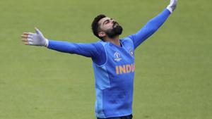 India's captain Virat Kohli gestures during a training session ahead of their Cricket World Cup match against Pakistan at Old Trafford in Manchester, England, Saturday, June 15, 2019(AP)