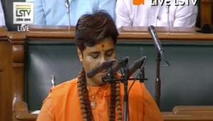 Thakur, the Malegaon blast accused, took oath in Sanskrit and ended it with ‘Bharat Mata Ki Jai’ slogan(ANI) Thakur, the Malegaon blast accused, took oath in Sanskrit and ended it with ‘Bharat Mata Ki Jai’ slogan(ANI)