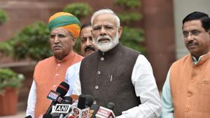Prime Minister Narendra Modi addresses the media on the first day of new parliament session in New Delhi on Monday.(Ajay Aggarwal/ HT photo) Prime Minister Narendra Modi addresses the media on the first day of new parliament session in New Delhi on Monday.(Ajay Aggarwal/ HT photo)
