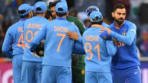 India's captain Virat Kohli (R) celebrates with teammates after victory in the 2019 Cricket World Cup group stage match between India and Pakistan at Old Trafford in Manchester(AFP) India's captain Virat Kohli (R) celebrates with teammates after victory in the 2019 Cricket World Cup group stage match between India and Pakistan at Old Trafford in Manchester(AFP)