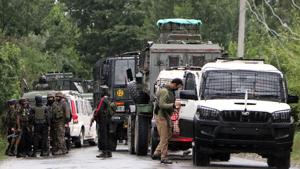 Army personnel cordon off the area after an IED blast in Pulwama on Monday.(ANI) Army personnel cordon off the area after an IED blast in Pulwama on Monday.(ANI)