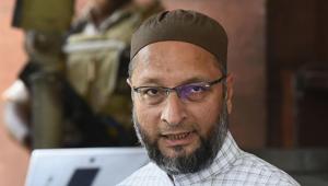 Asaduddin Owaisi, president of AIMIM, was greeted with slogans of ‘Jai Shri Ram’, ‘Bharat Mata Ki Jai’ and ‘Vande Mataram’ as he went on to take oath as a member of the 17th Lok Sabha here.(PTI) Asaduddin Owaisi, president of AIMIM, was greeted with slogans of ‘Jai Shri Ram’, ‘Bharat Mata Ki Jai’ and ‘Vande Mataram’ as he went on to take oath as a member of the 17th Lok Sabha here.(PTI)