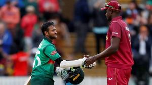 Bangladesh's Shakib Al Hasan shakes hands with West Indies' captain Jason Holder at the end of the match(Action Images via Reuters) Bangladesh's Shakib Al Hasan shakes hands with West Indies' captain Jason Holder at the end of the match(Action Images via Reuters)