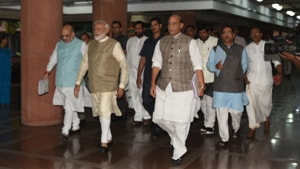 PM Modi, defence minister Rajnath Singh and union home minister Amit Shah leaving the Parliament house after all-party meet on Wednesday.(Sonu Mehta/ HT photo) PM Modi, defence minister Rajnath Singh and union home minister Amit Shah leaving the Parliament house after all-party meet on Wednesday.(Sonu Mehta/ HT photo)