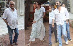 Boney Kapoor, Sonakshi Sinha and Suniel Shetty at Justine Rumeau Nihalani’s prayer meet in Mumbai.(Varinder Chawla) Boney Kapoor, Sonakshi Sinha and Suniel Shetty at Justine Rumeau Nihalani’s prayer meet in Mumbai.(Varinder Chawla)