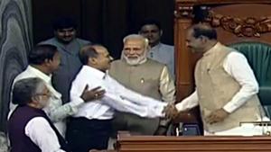 Congress Leader in Lok Sabha Adhir Ranjan Chowdhury greets Om Birla as he elected Speaker of the 17th Lok Sabha in New Delhi on Wednesday, 19 June, 2019.(ANI photo) Congress Leader in Lok Sabha Adhir Ranjan Chowdhury greets Om Birla as he elected Speaker of the 17th Lok Sabha in New Delhi on Wednesday, 19 June, 2019.(ANI photo)
