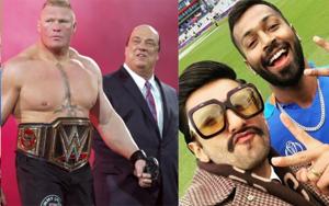 Brock Lesnar and his advocate Paul Heyman (left) and Ranveer Singh with Hardik Pandya during India vs Pakistan match. Brock Lesnar and his advocate Paul Heyman (left) and Ranveer Singh with Hardik Pandya during India vs Pakistan match.