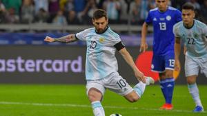 Argentina's Lionel Messi takes a penalty awarded by the VAR after a hand in the area, to score against Paraguay during their Copa America football tournament group match at the Mineirao Stadium in Belo Horizonte, Brazil, on June 19, 2019.(AFP) Argentina's Lionel Messi takes a penalty awarded by the VAR after a hand in the area, to score against Paraguay during their Copa America football tournament group match at the Mineirao Stadium in Belo Horizonte, Brazil, on June 19, 2019.(AFP)