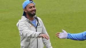 India's Rishabh Pant shares a light moment with a teammate during a training session.(AP) India's Rishabh Pant shares a light moment with a teammate during a training session.(AP)