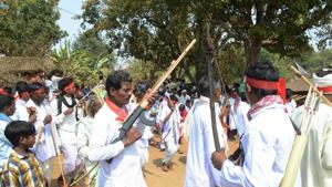 File photo of tribal leader with traditional weapons attending the gram sabha before unveiling of the stone of Pathalgarhi in Khunti, Jharkhand.(HT File Photo) File photo of tribal leader with traditional weapons attending the gram sabha before unveiling of the stone of Pathalgarhi in Khunti, Jharkhand.(HT File Photo)