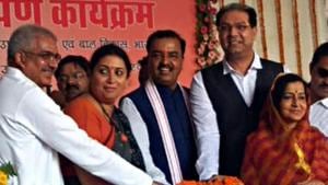 Union Minister for Women and Child Development Smriti Irani with UP Deputy Chief Minister Keshav Prasad Maurya during distribution of certificates to beneficiaries in Amethi on Saturday.(ANI PHOTO) Union Minister for Women and Child Development Smriti Irani with UP Deputy Chief Minister Keshav Prasad Maurya during distribution of certificates to beneficiaries in Amethi on Saturday.(ANI PHOTO)
