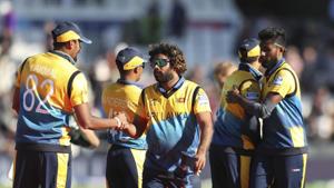 Leeds: Sri Lanka's Lasith Malinga greets teammates after winning the Cricket World Cup match against England in Leeds, England, Friday, June 21, 2019(AP) Leeds: Sri Lanka's Lasith Malinga greets teammates after winning the Cricket World Cup match against England in Leeds, England, Friday, June 21, 2019(AP)