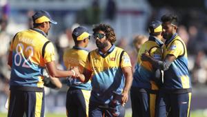 Leeds: Sri Lanka's Lasith Malinga greets teammates after winning the Cricket World Cup match against England in Leeds, England, Friday, June 21, 2019(AP) Leeds: Sri Lanka's Lasith Malinga greets teammates after winning the Cricket World Cup match against England in Leeds, England, Friday, June 21, 2019(AP)