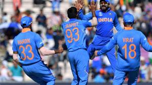 India's players celebrate after the dismissal of Afghanistan's Hashmatullah Shahidi.(AFP) India's players celebrate after the dismissal of Afghanistan's Hashmatullah Shahidi.(AFP)