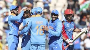 Southampton: India's Jasprit Bumrah, second left, celebrates with teammates the dismissal of Afghanistan's Rahmat Shah, right, during the Cricket World Cup match between India and Afghanistan at the Hampshire Bowl in Southampton, England, Saturday, June 22, 2019(AP) Southampton: India's Jasprit Bumrah, second left, celebrates with teammates the dismissal of Afghanistan's Rahmat Shah, right, during the Cricket World Cup match between India and Afghanistan at the Hampshire Bowl in Southampton, England, Saturday, June 22, 2019(AP)