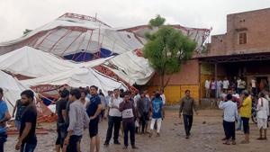 Fourteen people were killed and more than 50 others injured when a tent of a religious program collapsed during a dust storm in Barmer’s Jasol village .(PTI Photo) Fourteen people were killed and more than 50 others injured when a tent of a religious program collapsed during a dust storm in Barmer’s Jasol village .(PTI Photo)