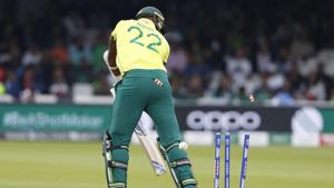 South Africa's Lungi Ngidi is clean bowled by Pakistan's Wahab Riaz during their Cricket World Cup match between Pakistan and South Africa at Lord's cricket ground in London, Sunday, June 23, 2019(AP) South Africa's Lungi Ngidi is clean bowled by Pakistan's Wahab Riaz during their Cricket World Cup match between Pakistan and South Africa at Lord's cricket ground in London, Sunday, June 23, 2019(AP)