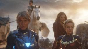 Pepper Potts in Rescue Suit (Gwyneth Paltrow), Valkyrie (Tessa Thompson), Scarlet Witch (Elizabeth Olsen), Captain Marvel (Brie Larson), Mantis (Pom Klementieff) and Shuri (Letitia Wright) in a still from Avengers: Endgame. Pepper Potts in Rescue Suit (Gwyneth Paltrow), Valkyrie (Tessa Thompson), Scarlet Witch (Elizabeth Olsen), Captain Marvel (Brie Larson), Mantis (Pom Klementieff) and Shuri (Letitia Wright) in a still from Avengers: Endgame.