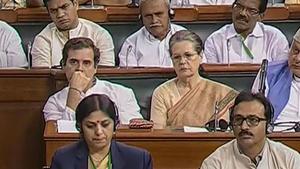 UPA Chairperson Sonia Gandhi, Congress President Rahul Gandhi and other opposition leaders during the 'Motion of Thanks on President's Address', at Parliament in New Delhi, Tuesday, June 25, 2109.(PTI photo) UPA Chairperson Sonia Gandhi, Congress President Rahul Gandhi and other opposition leaders during the 'Motion of Thanks on President's Address', at Parliament in New Delhi, Tuesday, June 25, 2109.(PTI photo)