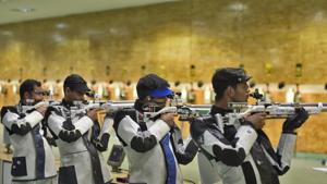 New Delhi, India - Feb. 22, 2019: Indian shooters take part in a practice session ahead of the International Shooting Sport Federation (ISSF) Rifle and Pistol World Cup at Dr. Karni Singh Shooting Range, in New Delhi, India, on Friday, February 22, 2019. (Photo by Burhaan Kinu/ Hindustan Times)(Burhaan Kinu/HT PHOTO) New Delhi, India - Feb. 22, 2019: Indian shooters take part in a practice session ahead of the International Shooting Sport Federation (ISSF) Rifle and Pistol World Cup at Dr. Karni Singh Shooting Range, in New Delhi, India, on Friday, February 22, 2019. (Photo by Burhaan Kinu/ Hindustan Times)(Burhaan Kinu/HT PHOTO)