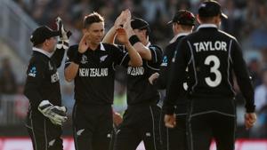 New Zealand's Trent Boult celebrates taking the wicket of West Indies' Ashley Nurse.(Action Images via Reuters) New Zealand's Trent Boult celebrates taking the wicket of West Indies' Ashley Nurse.(Action Images via Reuters)